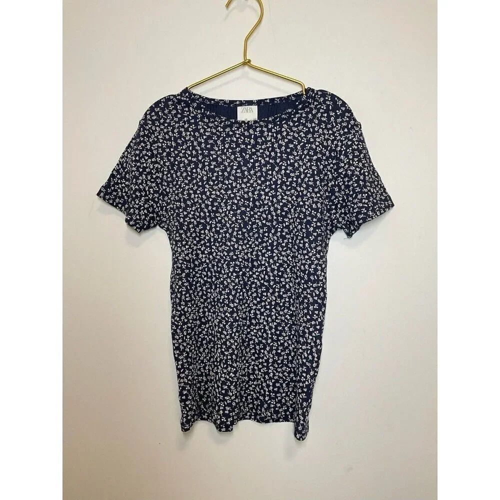 Zara Girls Short Sleeve Shirt Blue Flowers Size 10